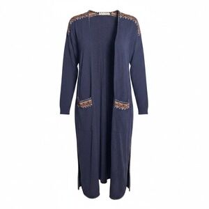 Soft Surroundings Navy Blue Southwest Embroidered Duster Cardigan Longline Small